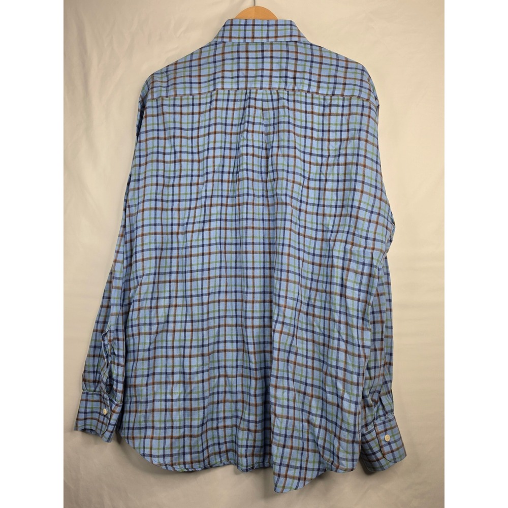 Peter Millar Mens XL Blue Plaid 100% Linen Long Sleeve Button Down Shirt - Picture 3 of 8